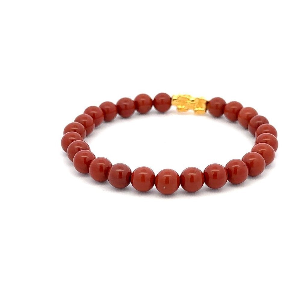18K Gold Pixiu Piyao Bracelet Natural Gemstones Red Jasper 6mm Elastic Bracelet - Picture 4 of 5